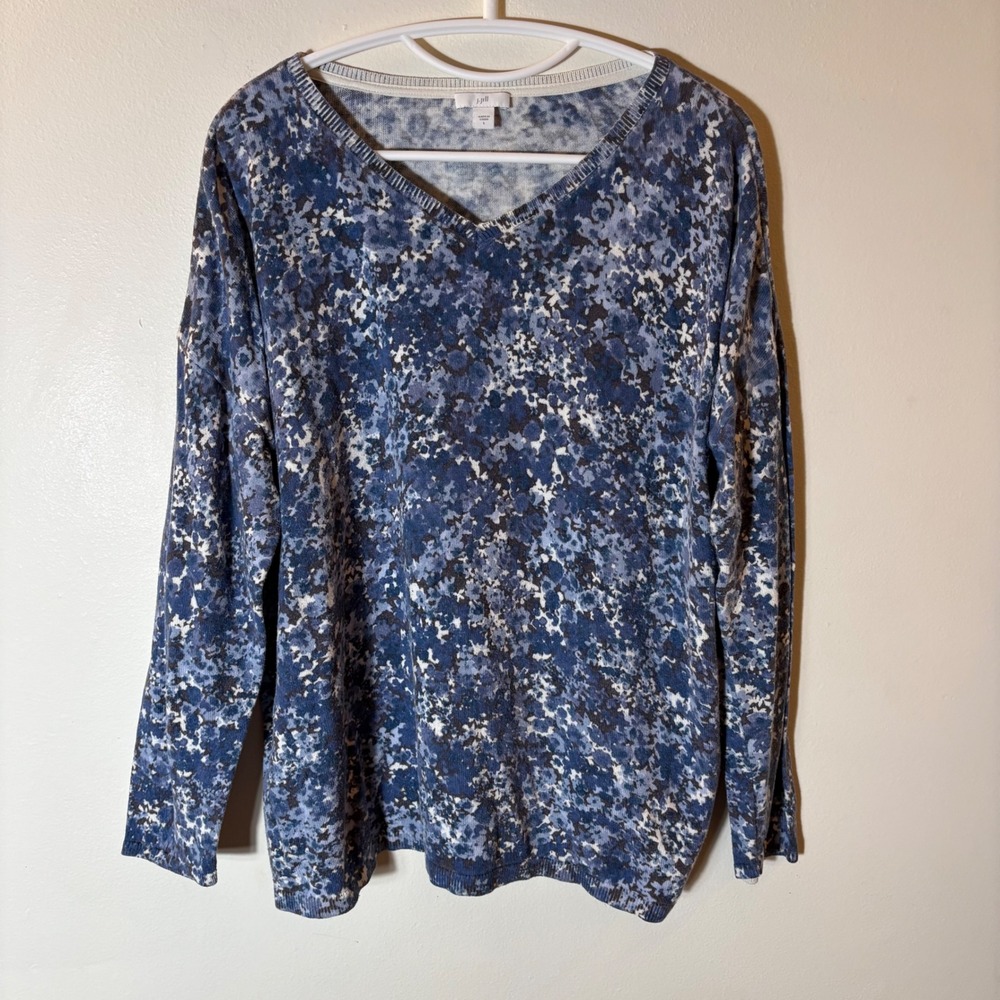 J. Jill V Neck Sweater Blue Abstract Print Long Sleeve Knit Top Size Large‎